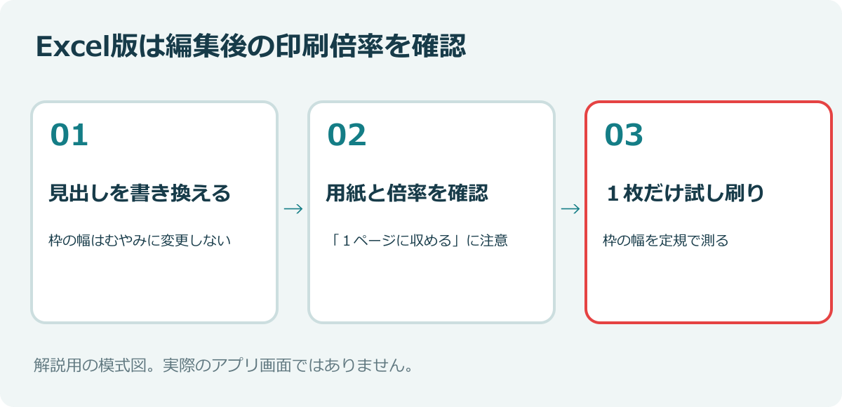 Excel版の編集から試し刷りまでの流れ