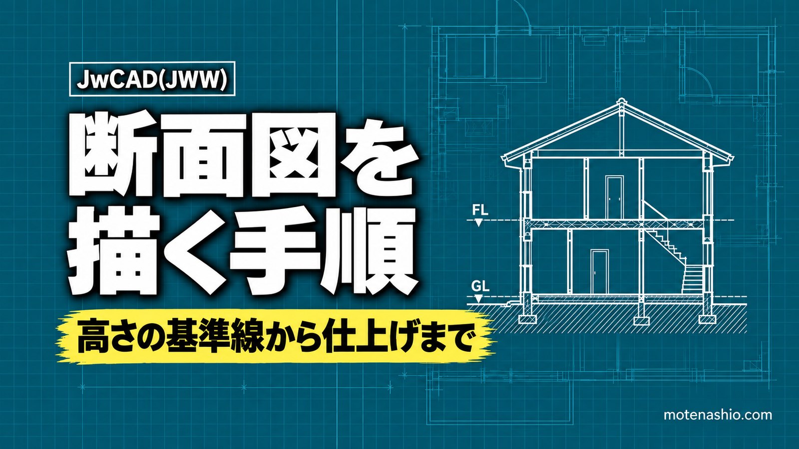Jw_cadで断面図を描く手順｜切断位置→高さの基準線→壁・床・屋根→建具断面→仕上げ