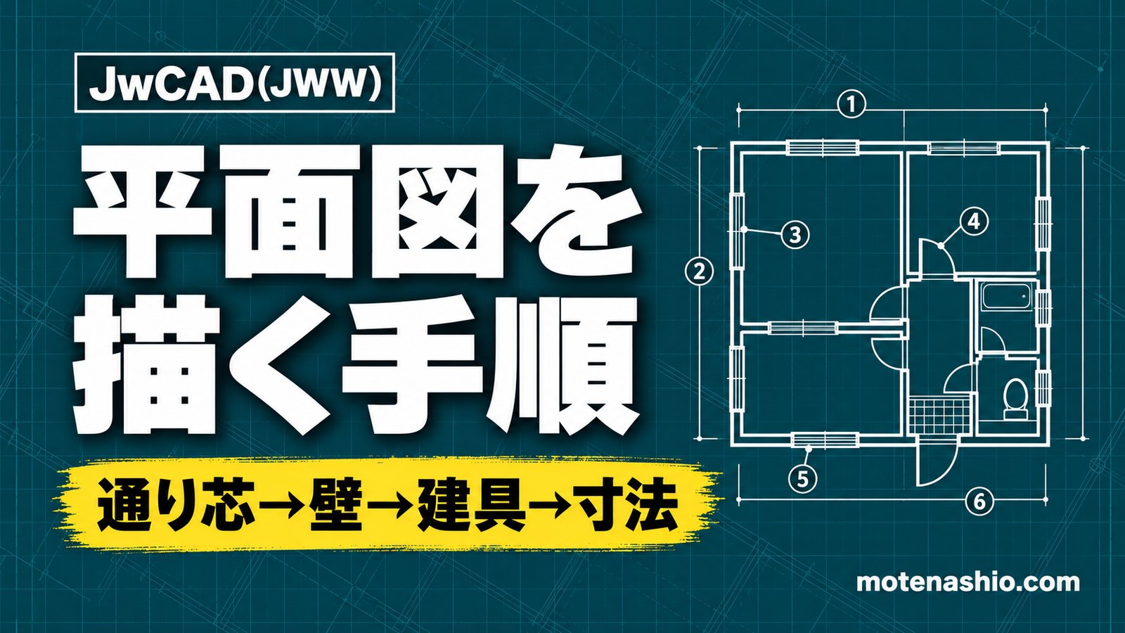 Jw_cadで平面図を描く手順｜通り芯→2線で壁→包絡→建具→寸法の流れ