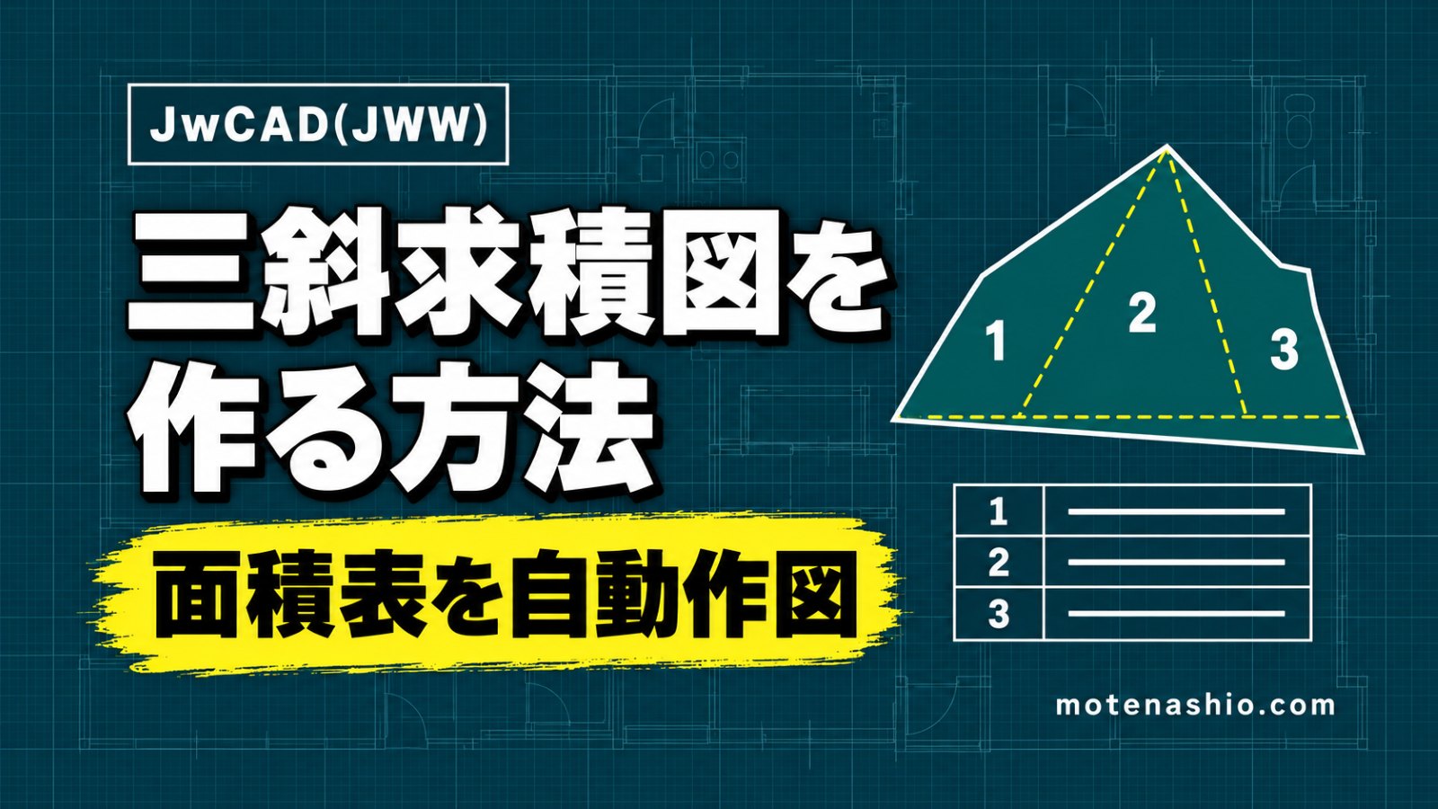 Jw_cadで三斜求積図を作る方法|付属の外部変形で底辺・高さ・面積表を自動作図