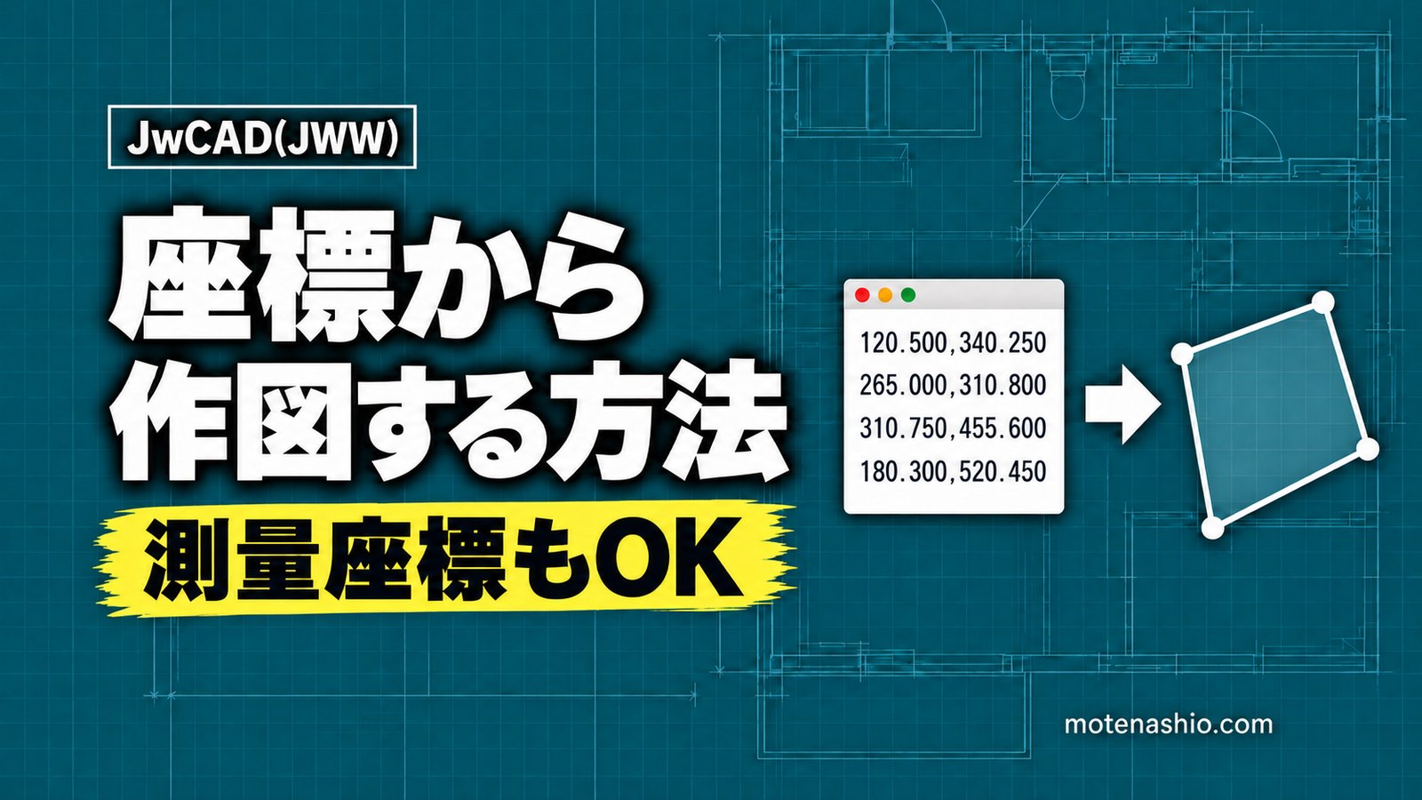 Jw_cadで座標から作図する方法｜座標ファイルの書き方・測量座標(Y,X)から敷地図を描く