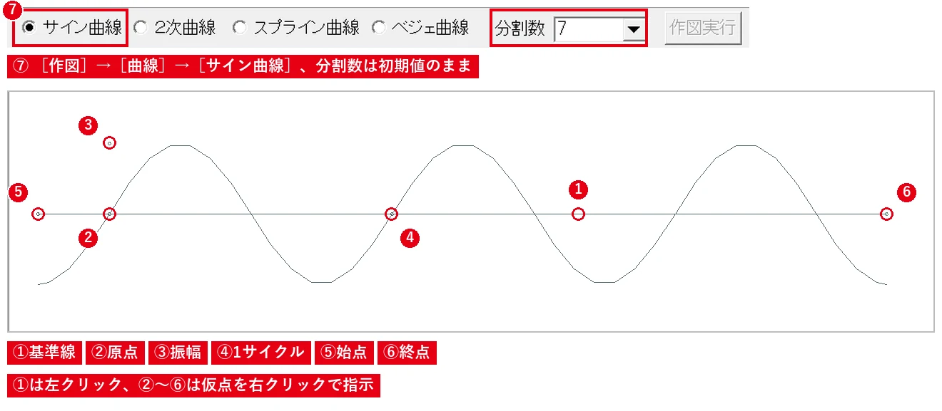 ①〜⑥の順に指示すると、基準線を中心に波線が描かれます。点は仮点で打っておくと正確です。