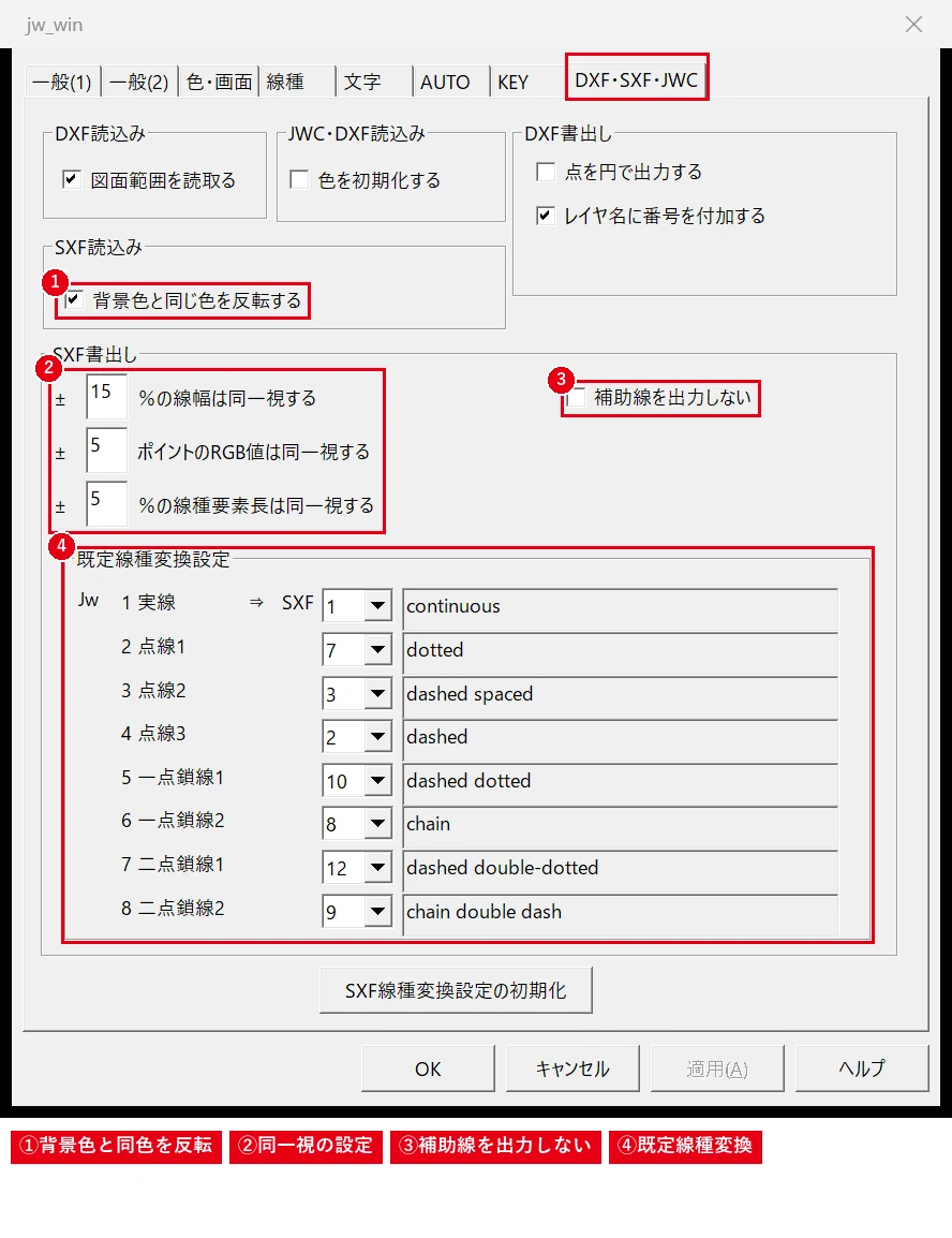SXFの読込み・書出しの設定は、DXFと同じタブの下半分にあります。