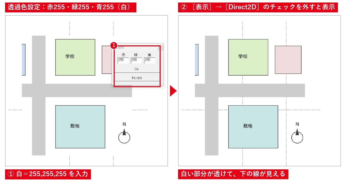 白を透過色にすると、画像の白い部分から下の線が見えます（画面で透けないときは［表示］→［Direct2D］を外す）。