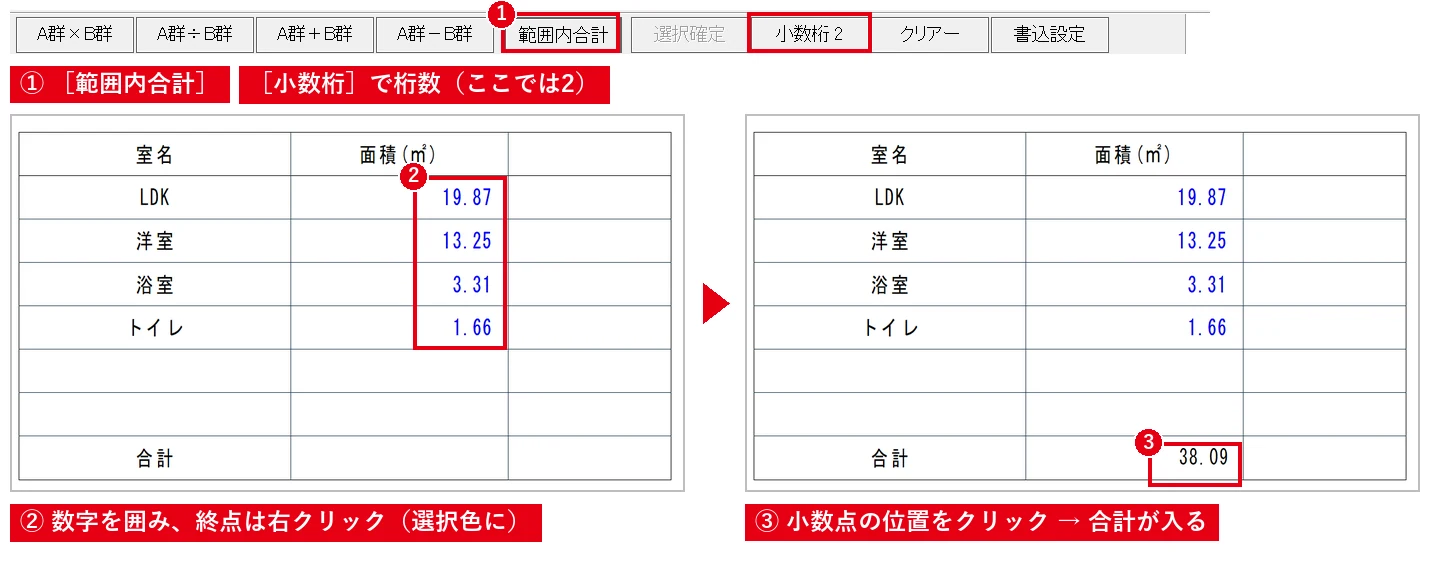 数字を囲んで終点を右クリックし、合計欄をクリックすると合計が書き込まれます。