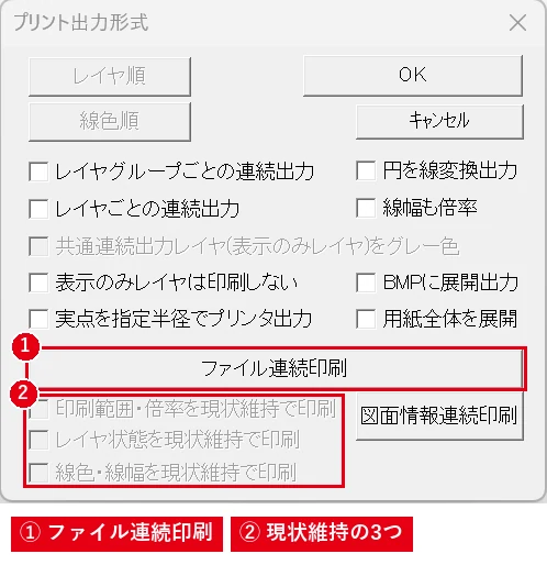 ［ファイル連続印刷］を押す前に、下の3つの「現状維持」のチェックを決めておきます。