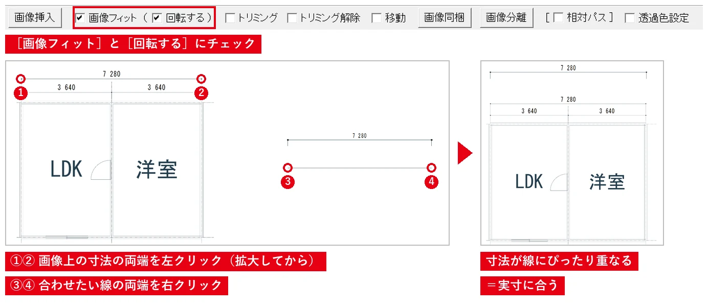 画像上の2点を先に、合わせる線の両端を後に指示すると、画像が実寸の大きさになります。