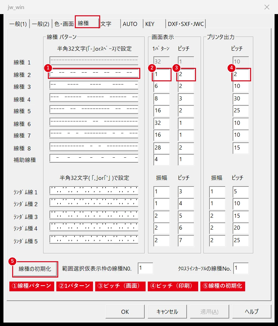 点線の形はパターン、間隔はピッチで決まり、画面用と印刷用は別々に設定します。