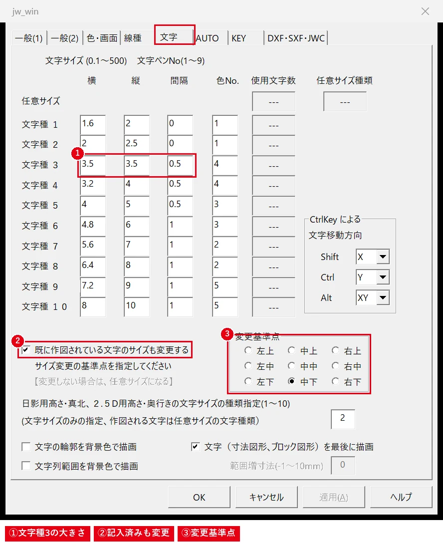 このチェックを入れると、その文字種で書いた寸法値がまとめて大きくなります。