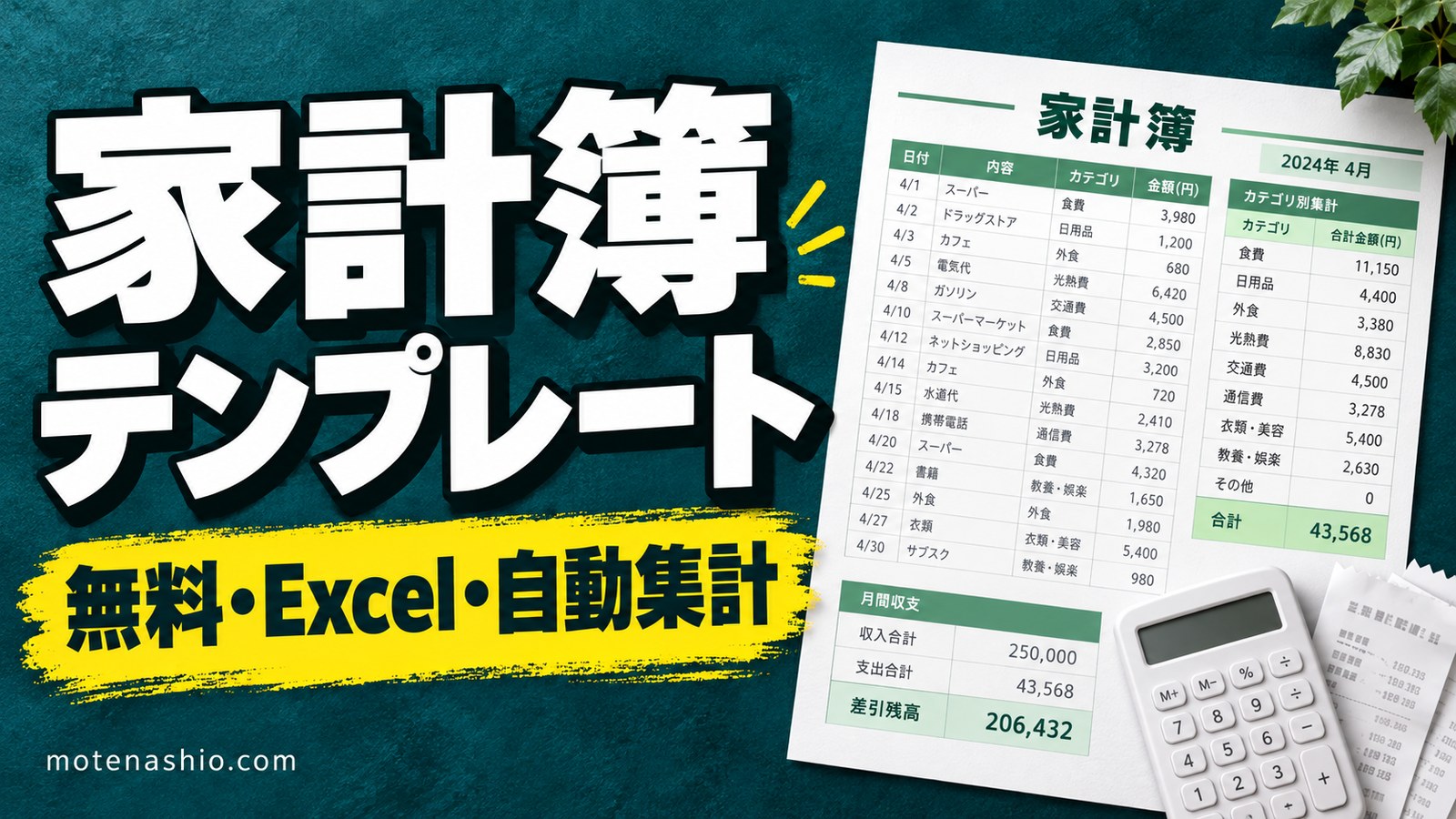家計簿テンプレート無料【Excel】費目別に自動集計・年間まとめつき｜シンプルで続けやすい