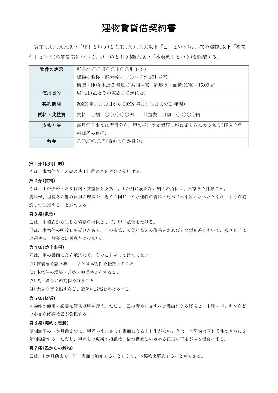 建物賃貸借契約書テンプレート(Word)の見本