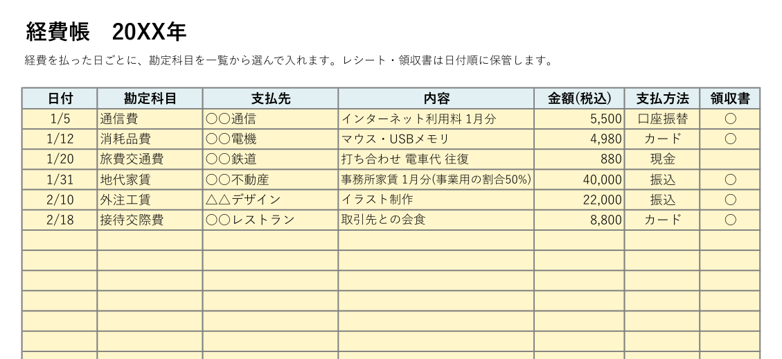 経費帳テンプレート(Excel)の記入例