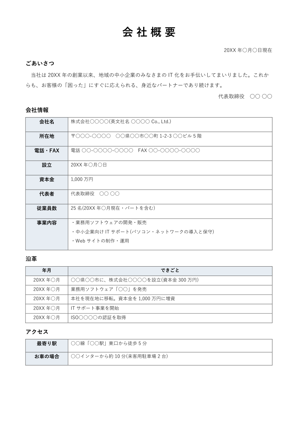 会社概要テンプレート(Word・沿革つき)の見本