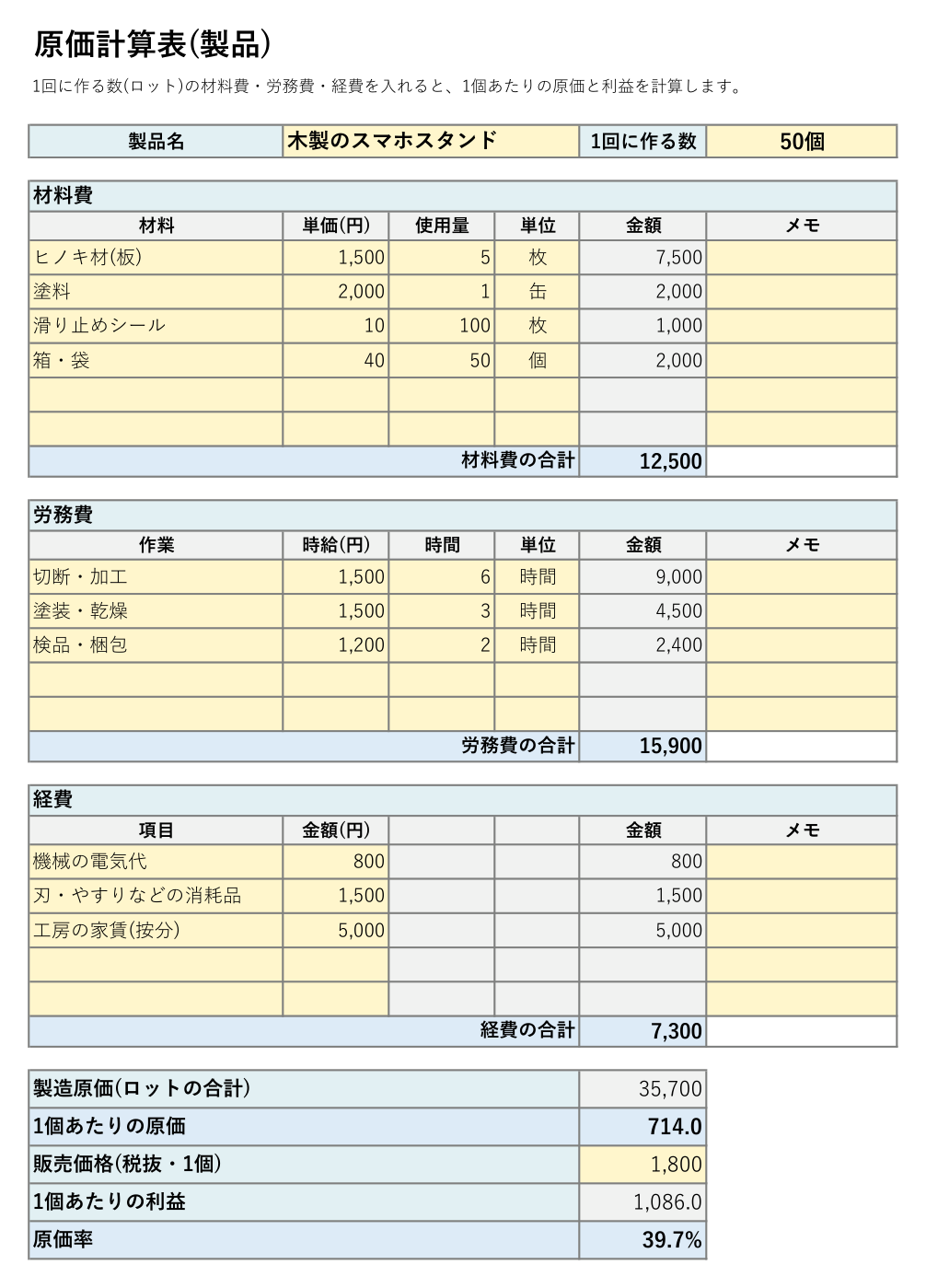原価計算表テンプレート(Excel・製品)の見本