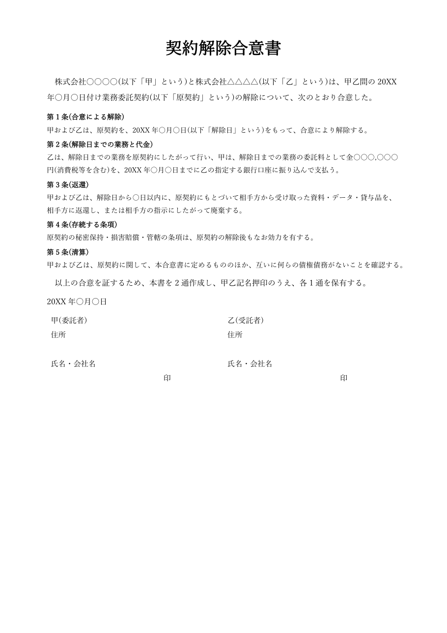 契約解除合意書テンプレート(Word)の見本