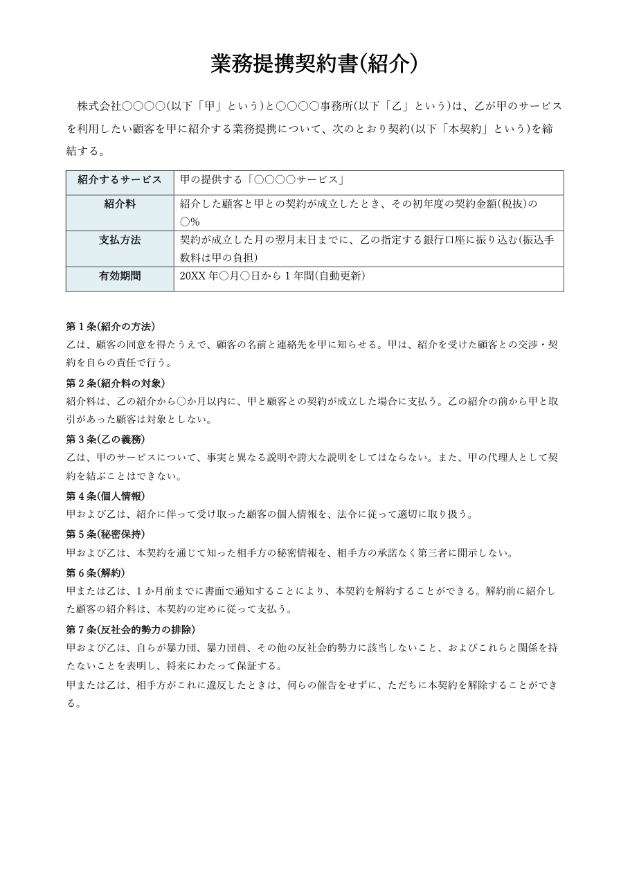 業務提携契約書テンプレート(Word・紹介)の見本