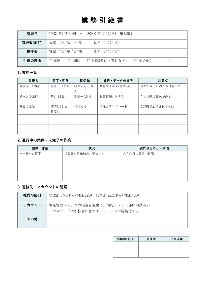 業務引継書テンプレート(Word)の見本