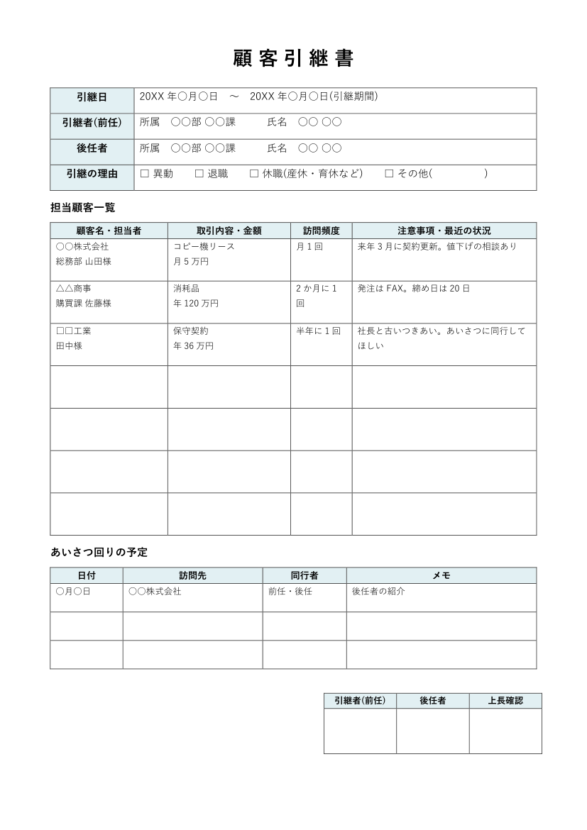 顧客引継書テンプレート(Word)の見本