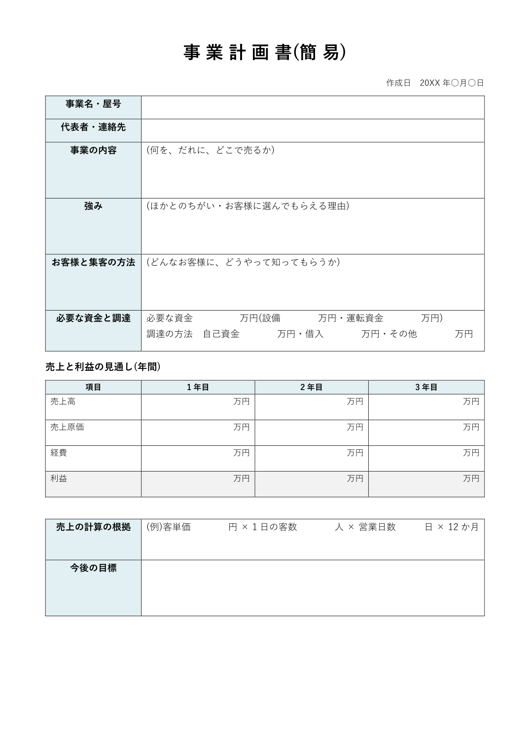 事業計画書テンプレート(簡易・A4 1枚)の見本