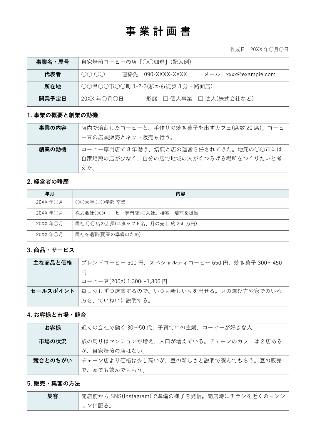 事業計画書テンプレート(Word・記入例つき)の見本 1枚目