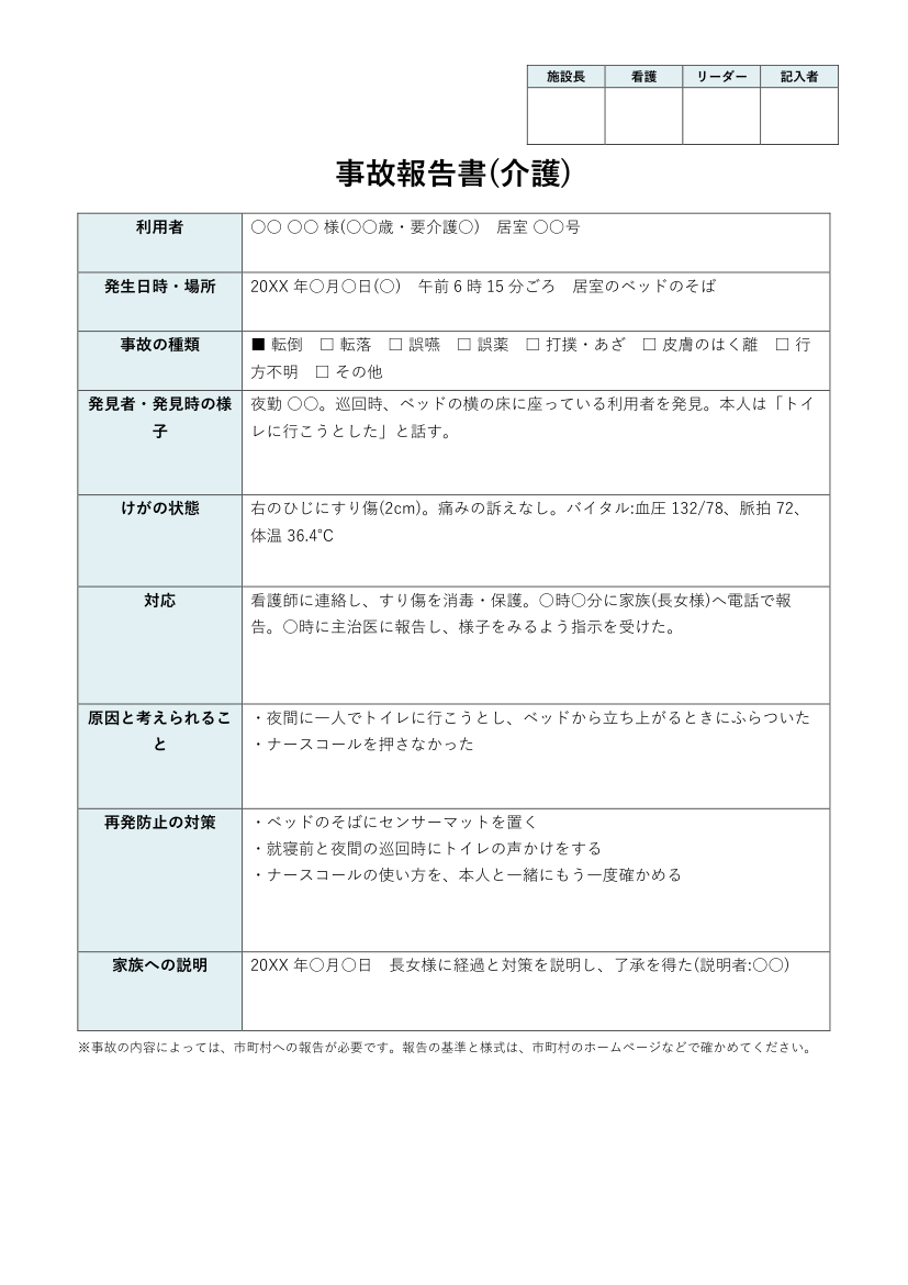 介護の事故報告書テンプレートの記入例