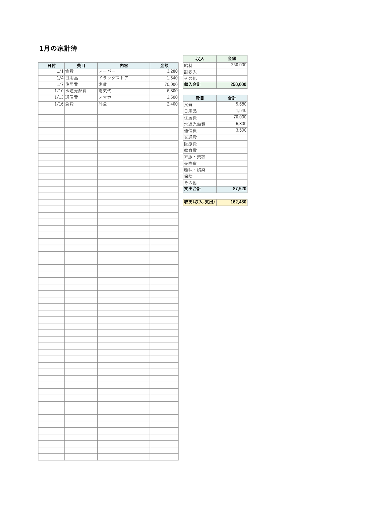家計簿テンプレート(Excel)月のシートの見本