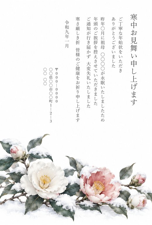 寒中見舞いテンプレート 椿と雪 の見本