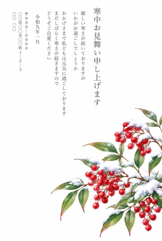 寒中見舞いテンプレート 南天 の見本