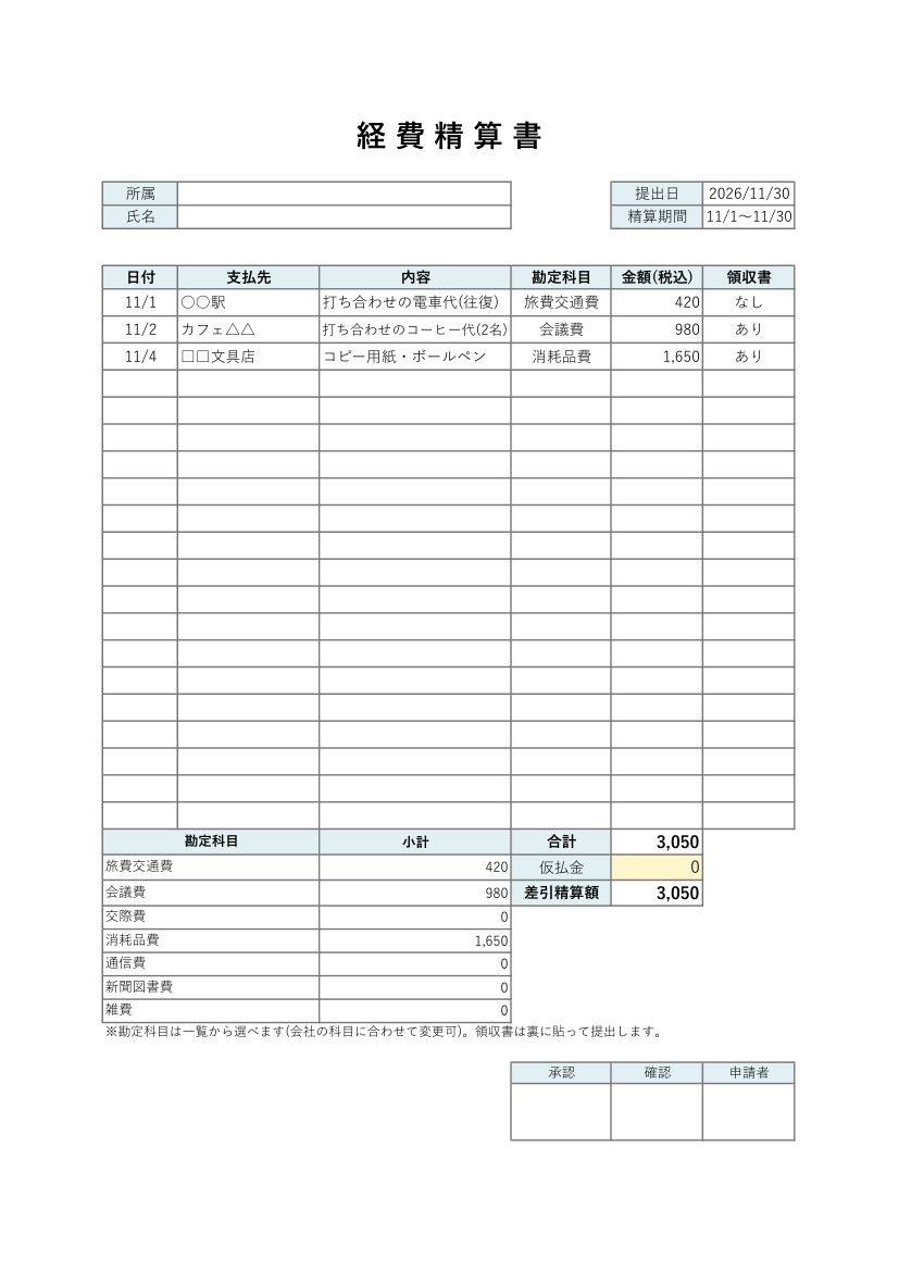 経費精算書テンプレート(Excel・勘定科目別の小計つき)の見本