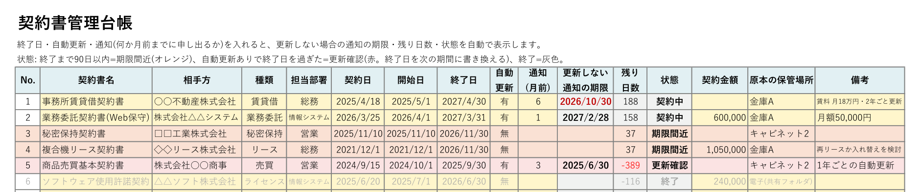 契約書管理台帳テンプレート(Excel)の見本