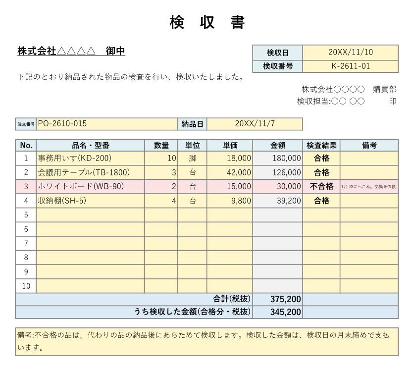 検収書テンプレート(物品)の見本