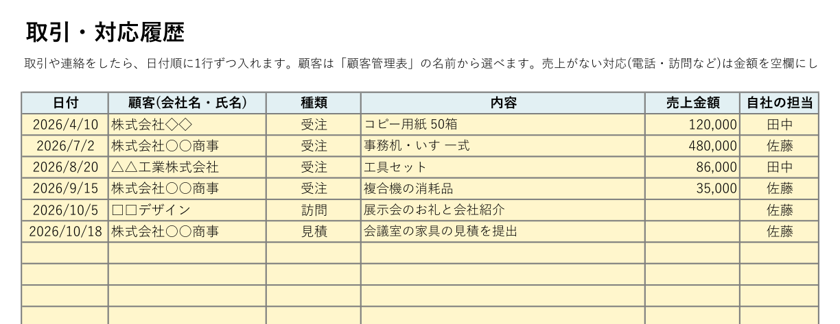 顧客管理表の取引・対応履歴(Excel)の見本