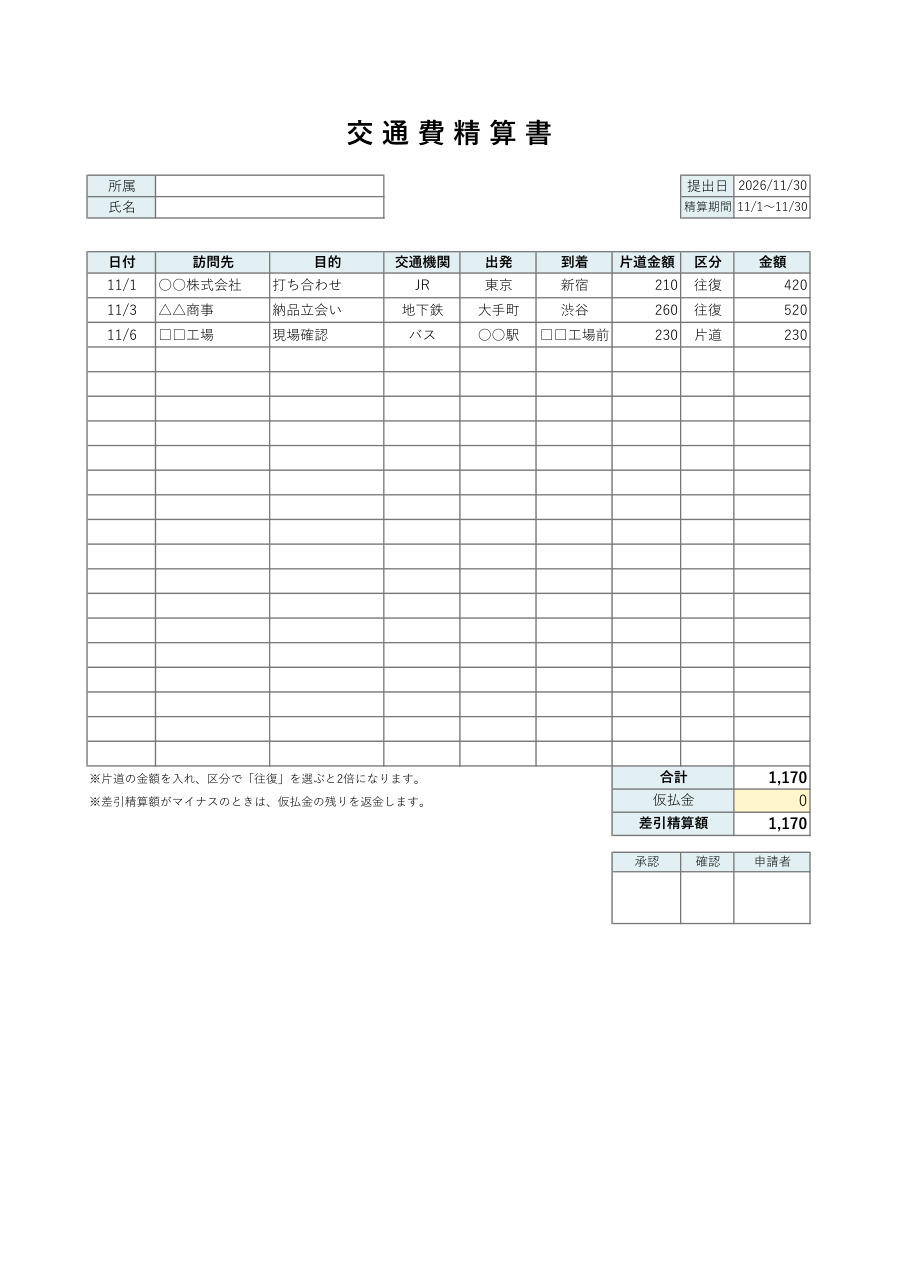 交通費精算書テンプレート(Excel・自動計算)の見本