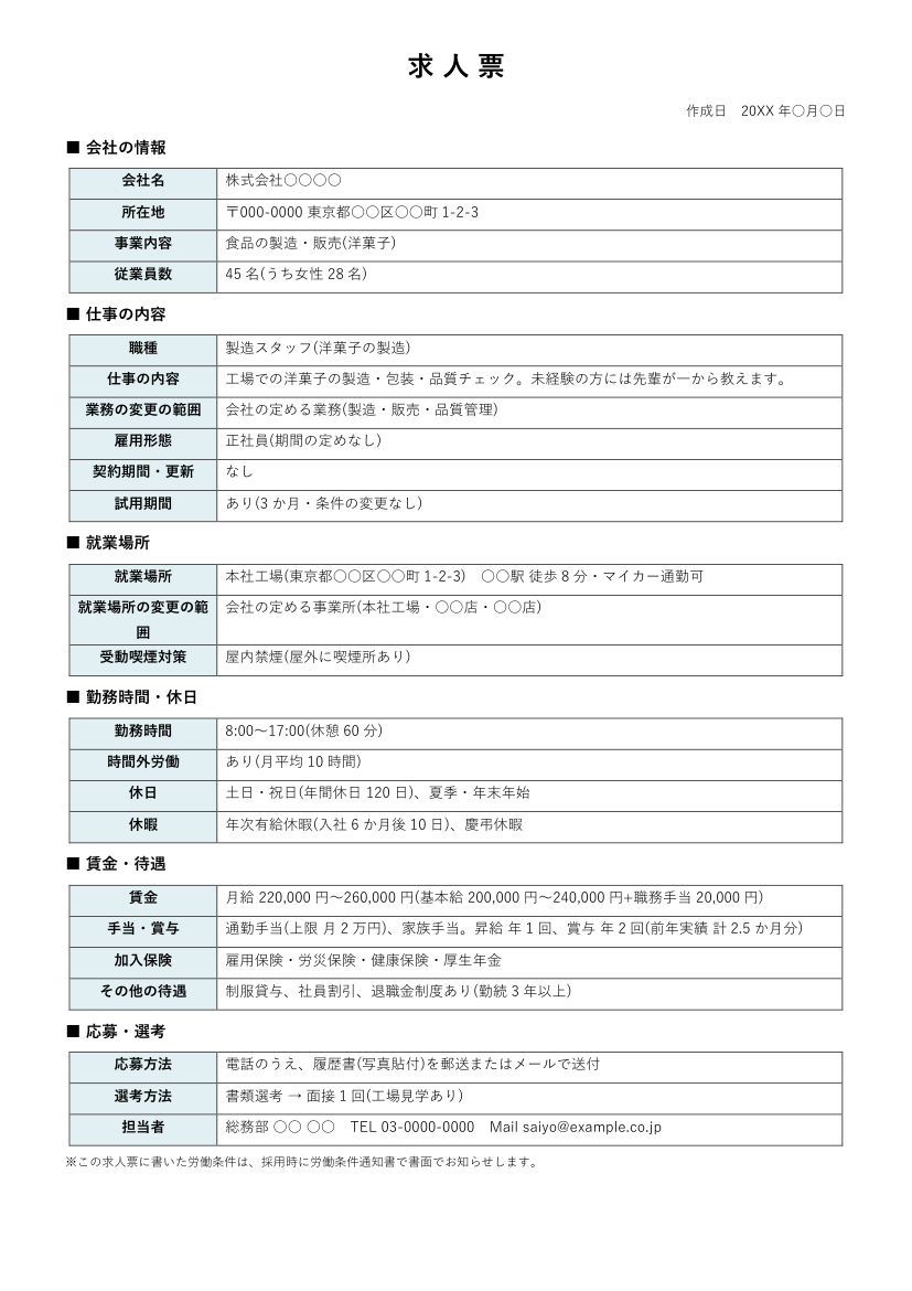 求人票テンプレート(正社員)の記入例