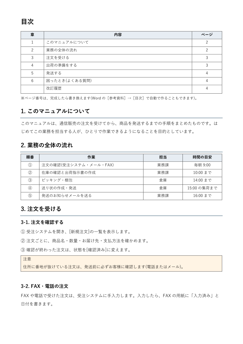 業務マニュアルテンプレート(Word)の本文の記入例