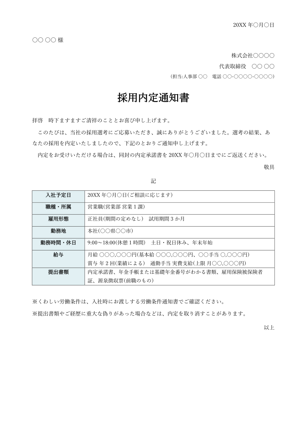 採用内定通知書テンプレート(Word・中途用)の見本