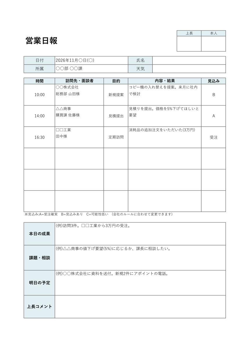 営業日報テンプレート(Excel)の見本