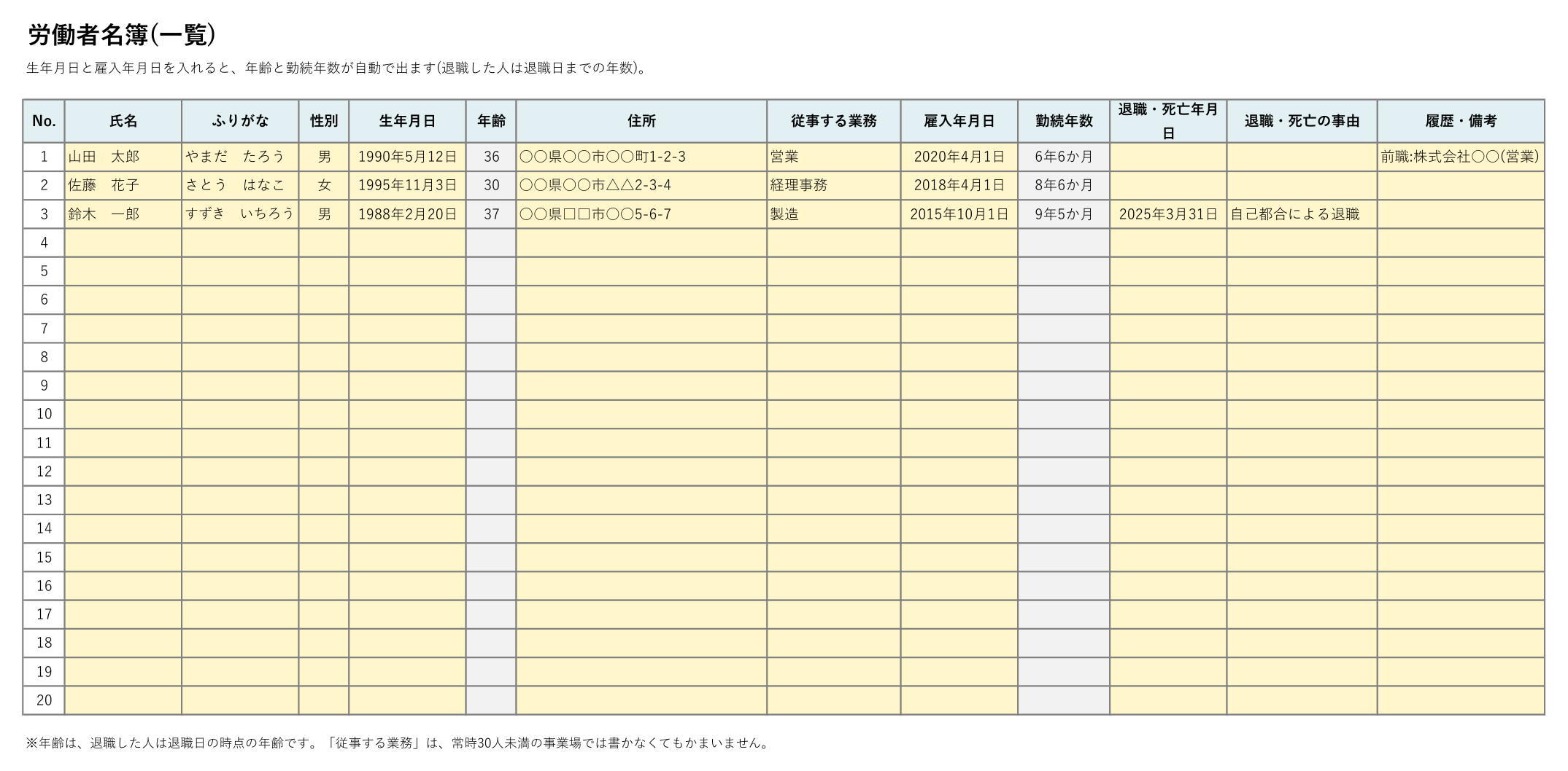 労働者名簿テンプレート(Excel・一覧)の見本