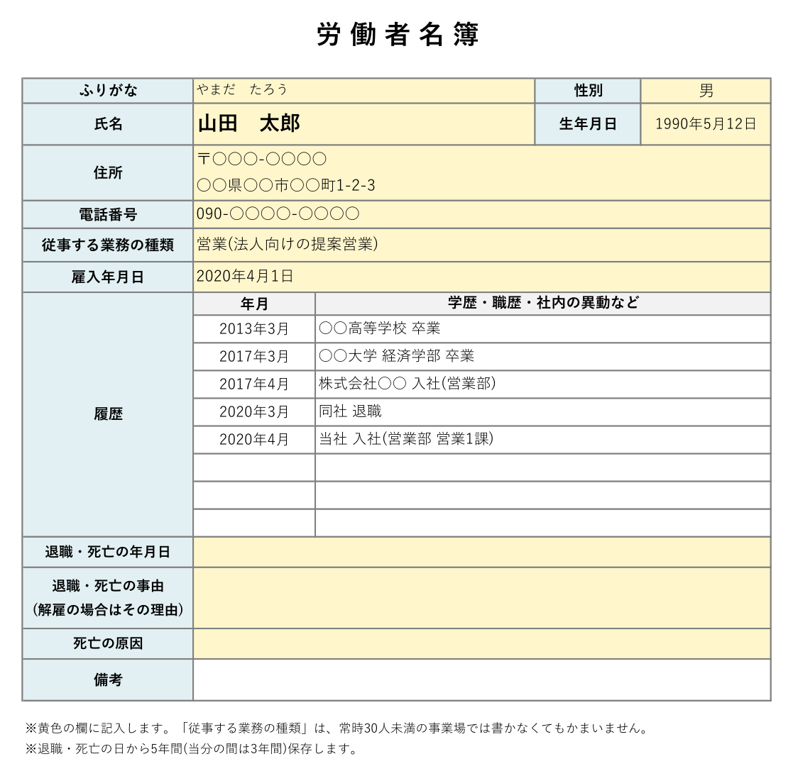 労働者名簿テンプレート(Excel・個人別)の見本