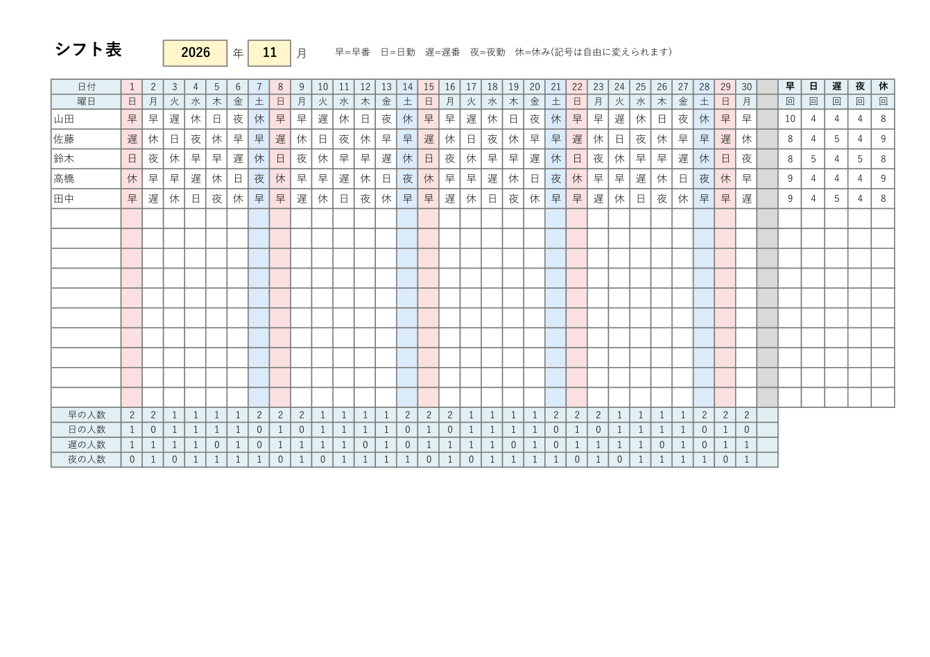 シフト表テンプレート(Excel・月間)の見本