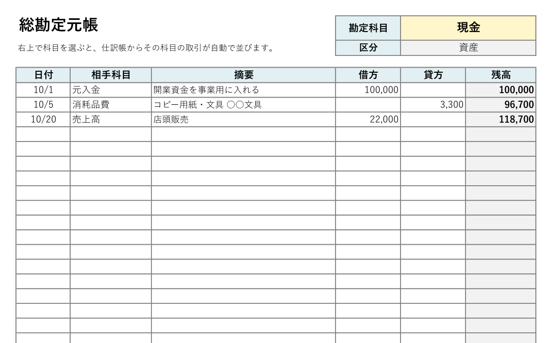 総勘定元帳テンプレート(Excel)の見本
