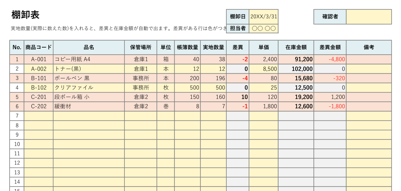 棚卸表テンプレート(Excel・一般用)の見本