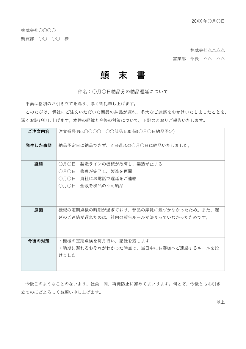 顛末書テンプレート(Word・社外用)の見本