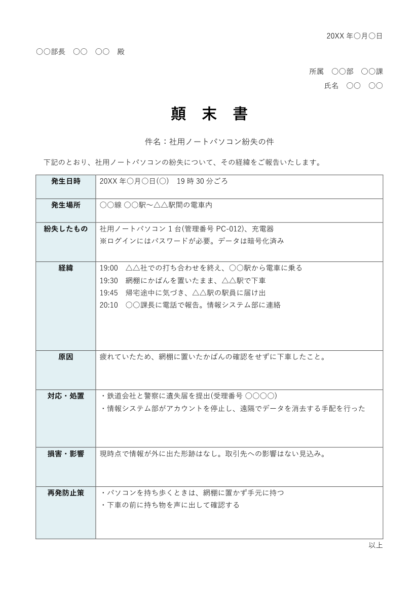 顛末書テンプレート(Word・社内用)の見本