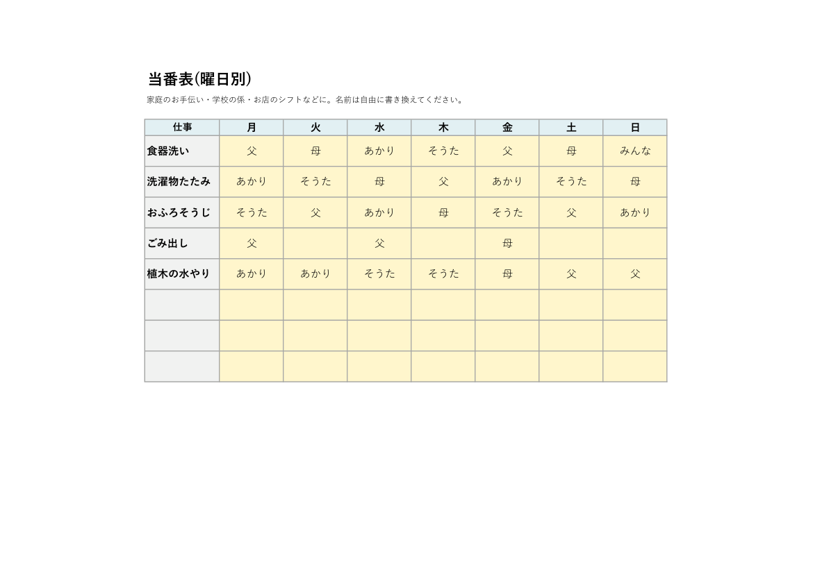 当番表テンプレート(曜日別)の見本