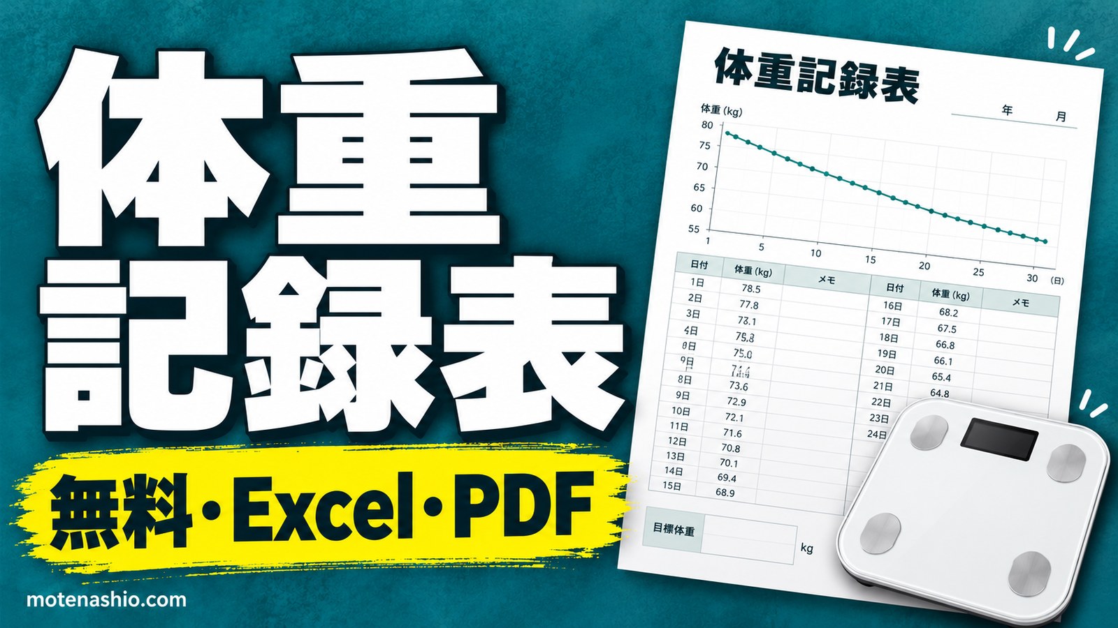 体重記録表 無料ダウンロード【Excel・PDF】グラフが自動でできる1か月の記録表｜BMI・目標までの差も表示、続けるコツ